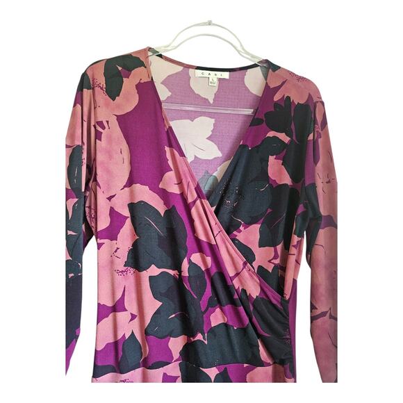 Cabi Dress LG Purple Black Floral Print Faux Wrap Midi Stretch 3/4 Sleeve V-Neck - Picture 3 of 10